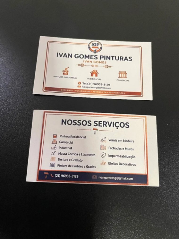 Cartão de visita da IGP Ivan Gomes Pinturas, frente e verso